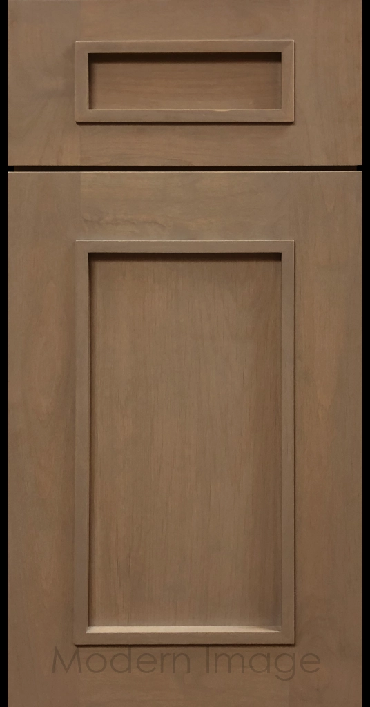 Fawn-stained Gilbert cabinet a recessed flat panel and elevated molding.